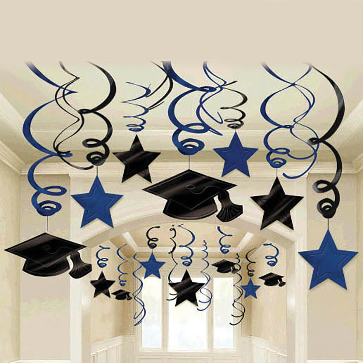 Graduation Hanging Swirl Decorations - 26 Inch Black Cap Ceiling Decor (3 Pack)