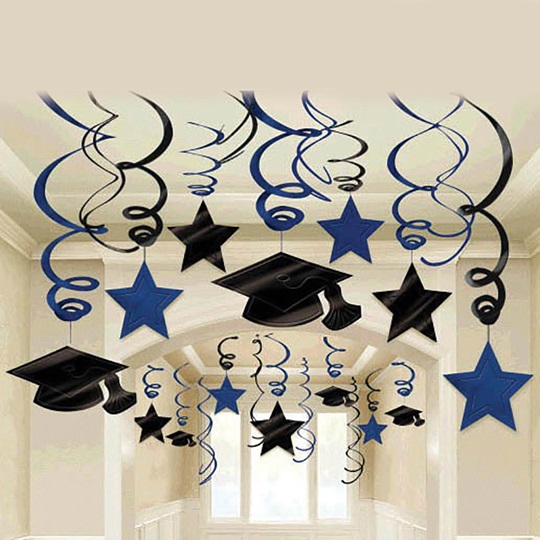 Graduation Hanging Swirl Decorations - 26 Inch Black Cap Ceiling Decor (3 Pack)
