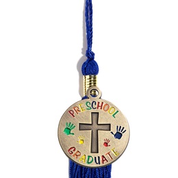 Graduation Tassel With Preschool Handprints and Cross Charm